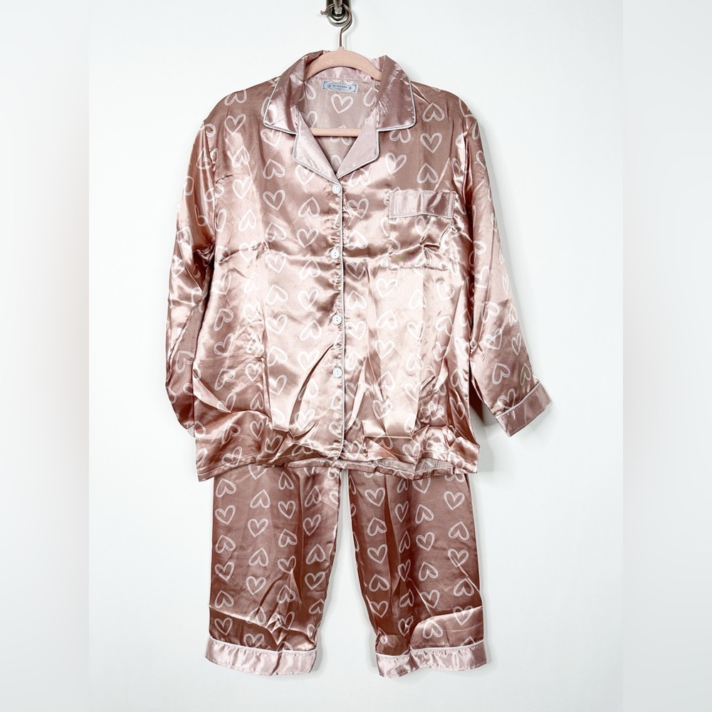 Silky Heart-Print Satin Pajama Set in Light Pink - Please Read Description - Picture 2 of 5